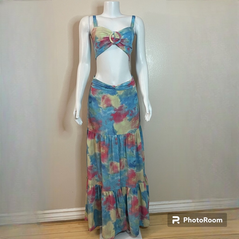 Blue multi color ring crop top front slit maxi  skirt set